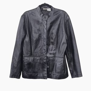 Newport News Women’s Leather Jacket L Retro Minimalist Genuine Black Button Down